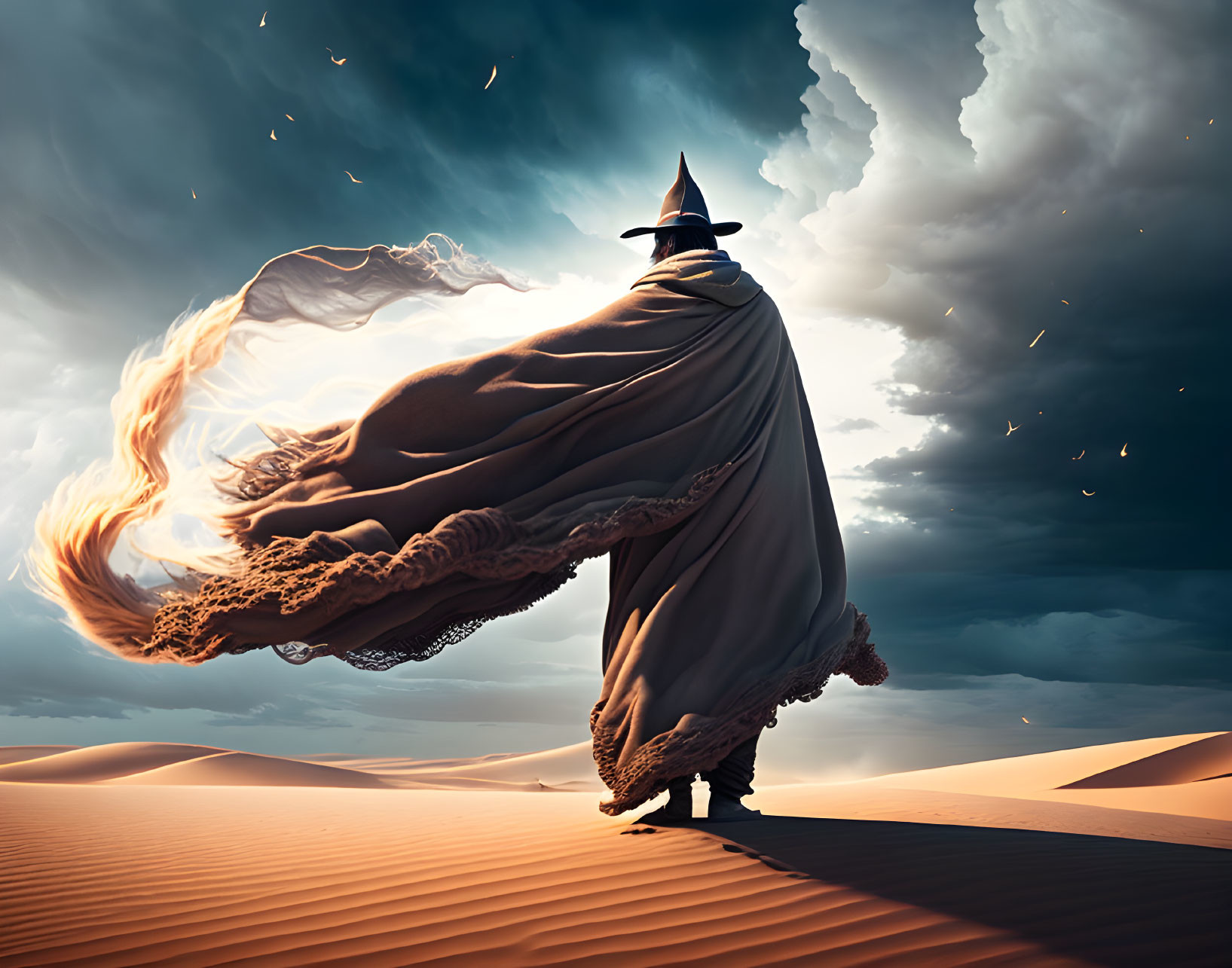 Mysterious figure in hat and cloak on desert dune under dramatic sky