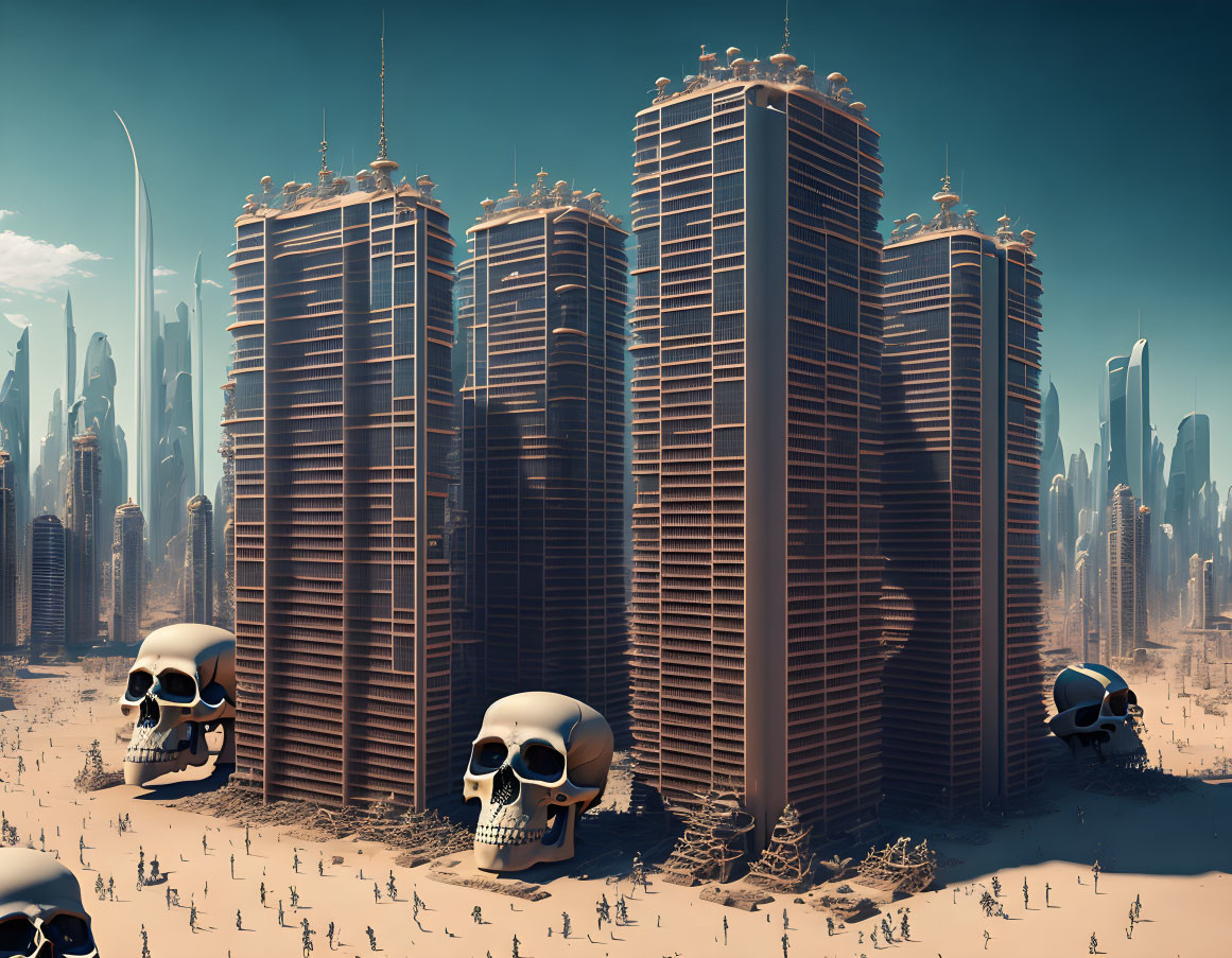 Futuristic cityscape with towering skyscrapers and human skulls in desert-like setting