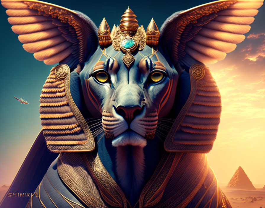 Anthropomorphic lion in Egyptian headdress against pyramids at dusk