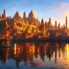 Futuristic city blending Indian architecture at sunset by river.