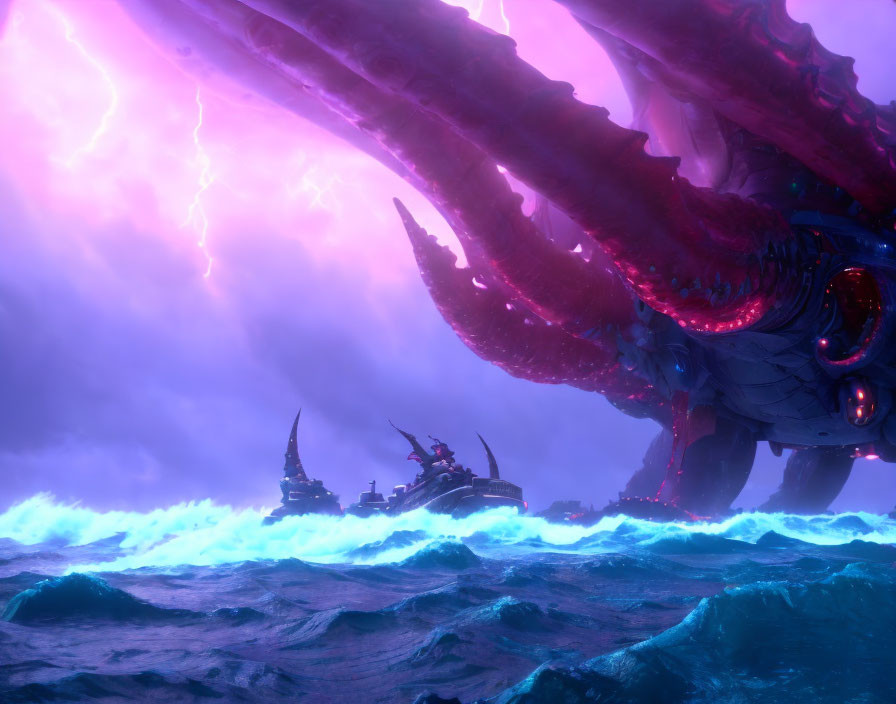 Gigantic biomechanical dragon in stormy ocean scenery