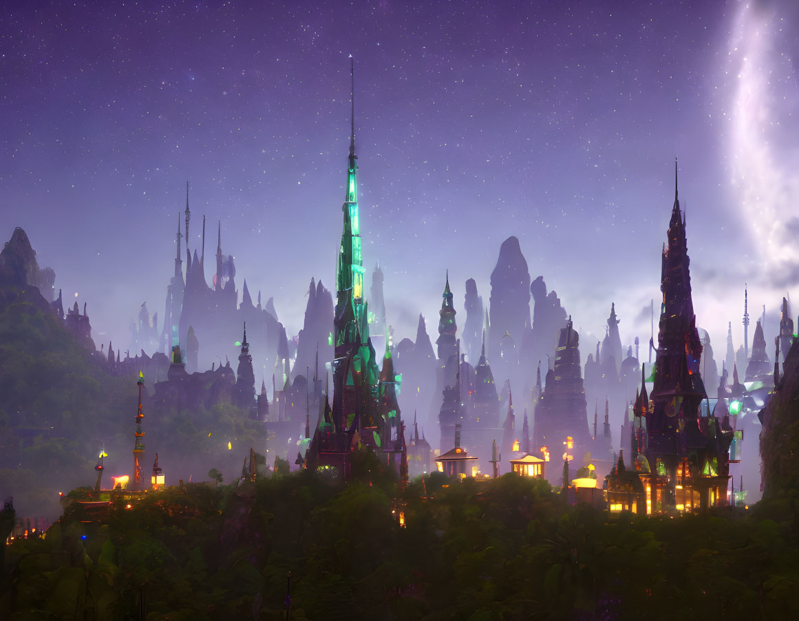 Fantastical Cityscape with Illuminated Spires and Nebula at Night