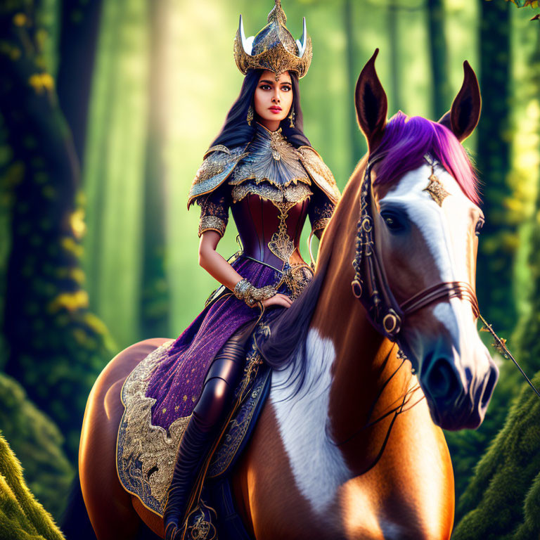 Regal warrior woman in armor on horse in sunlit forest