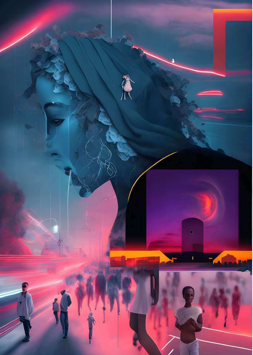 Surreal collage with giant statue head, small figure, vibrant colors
