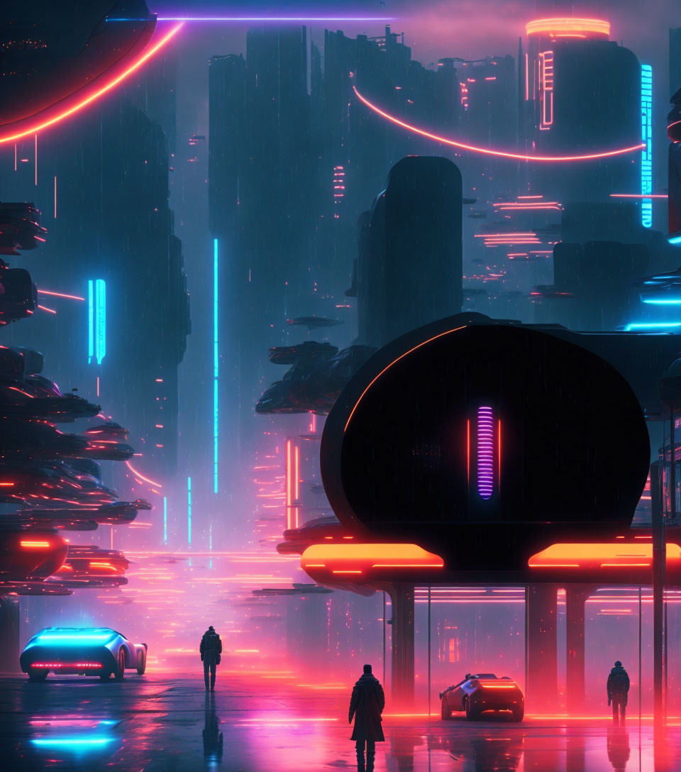 Futuristic neon-lit cityscape at night with skyscrapers, flying cars, and cyber