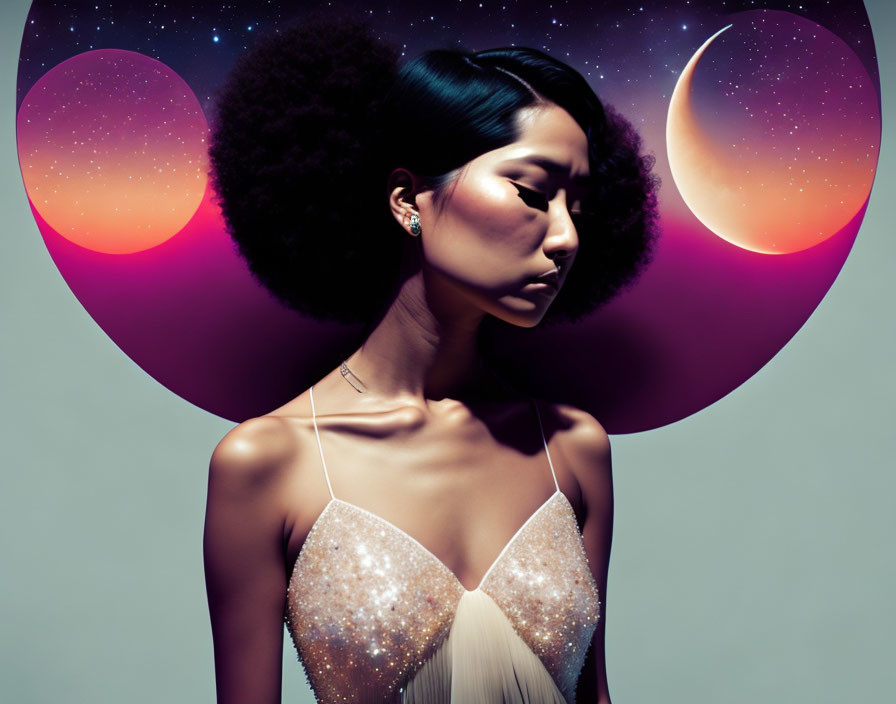 Silhouette of woman with afro in cosmic orbs on gradient backdrop.