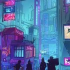 Family observing glowing skyscrapers in futuristic cityscape