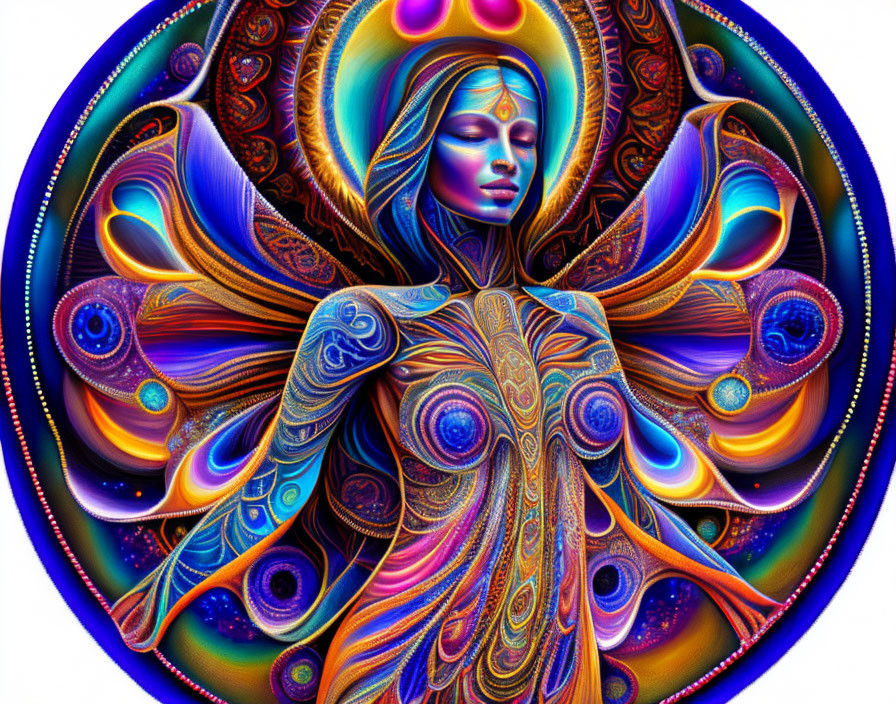 Colorful digital artwork: Serene female figure with multiple arms and radiant aura on dark background