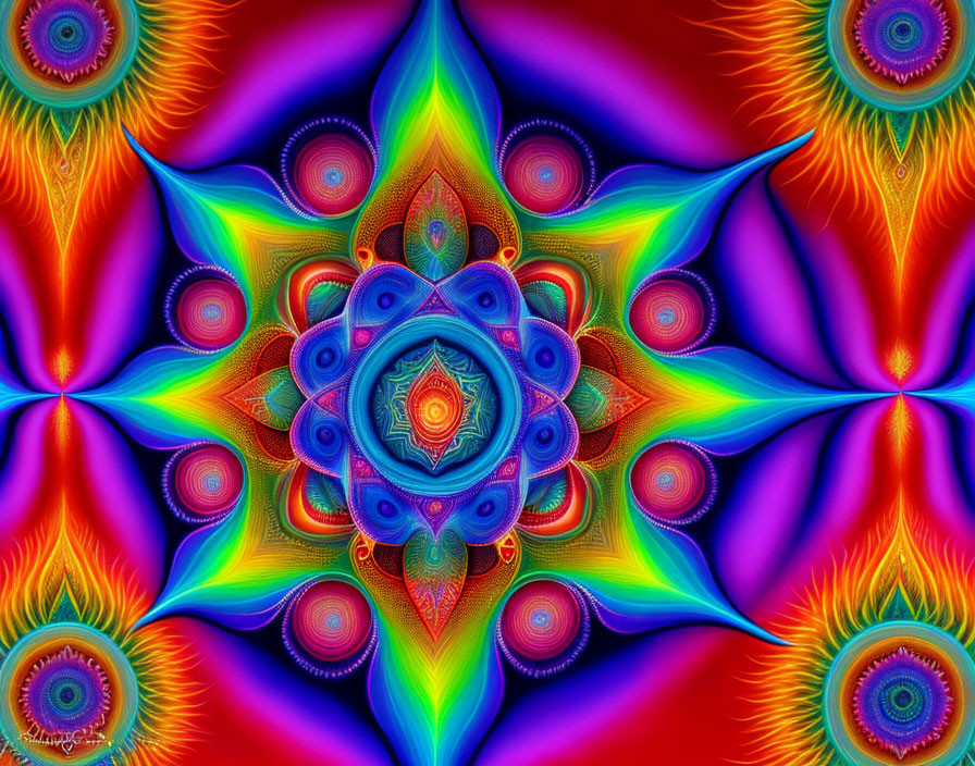 Colorful Digital Fractal Art: Blue Mandala Surrounded by Symmetrical Patterns