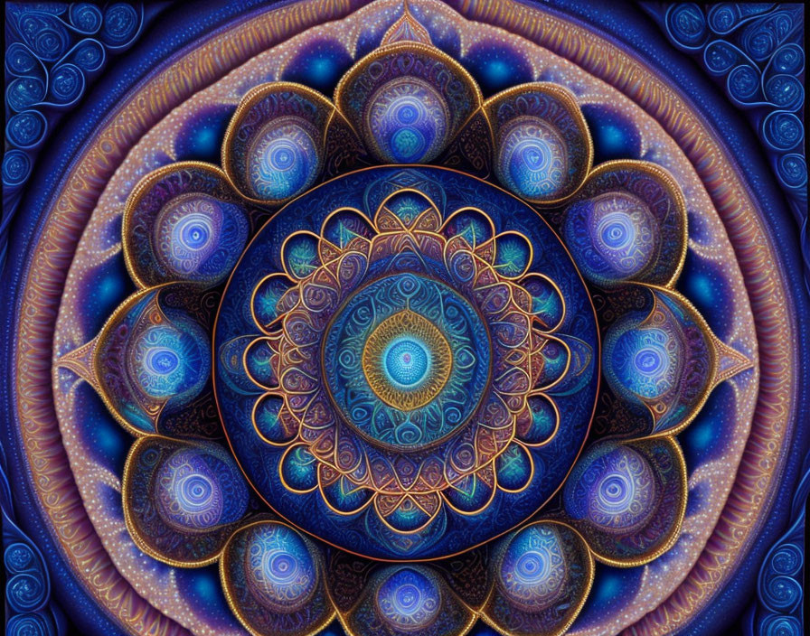 Colorful concentric circle fractal art with blue and purple mandala patterns