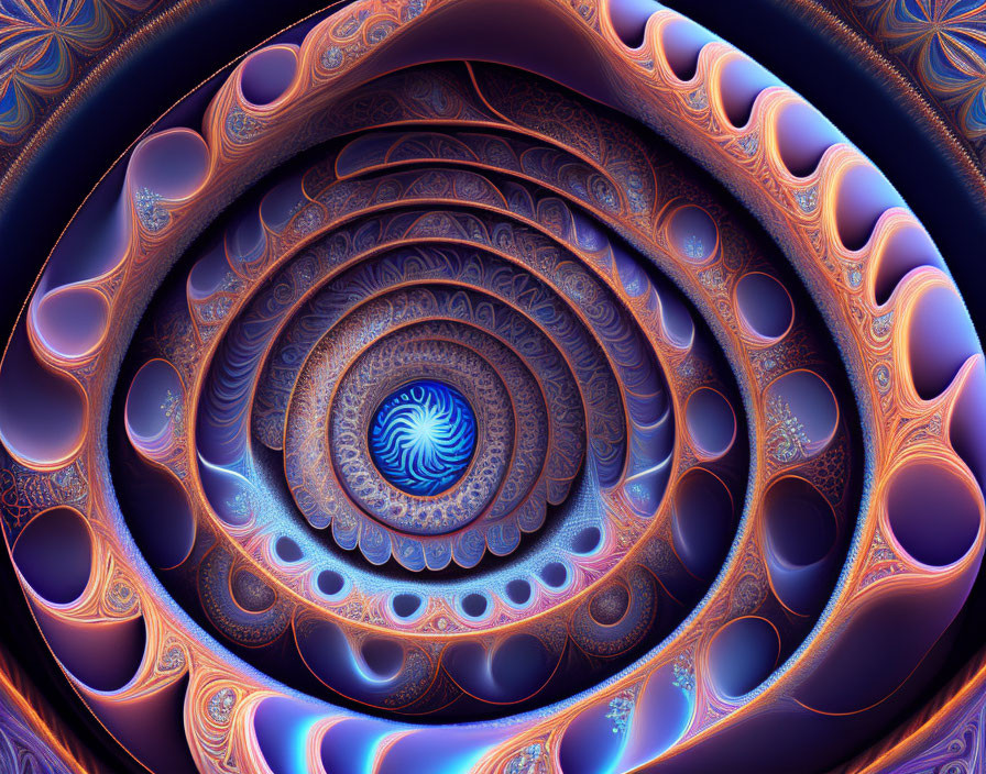 Colorful Fractal Image with Spiraling Patterns in Blue, Orange, and Purple