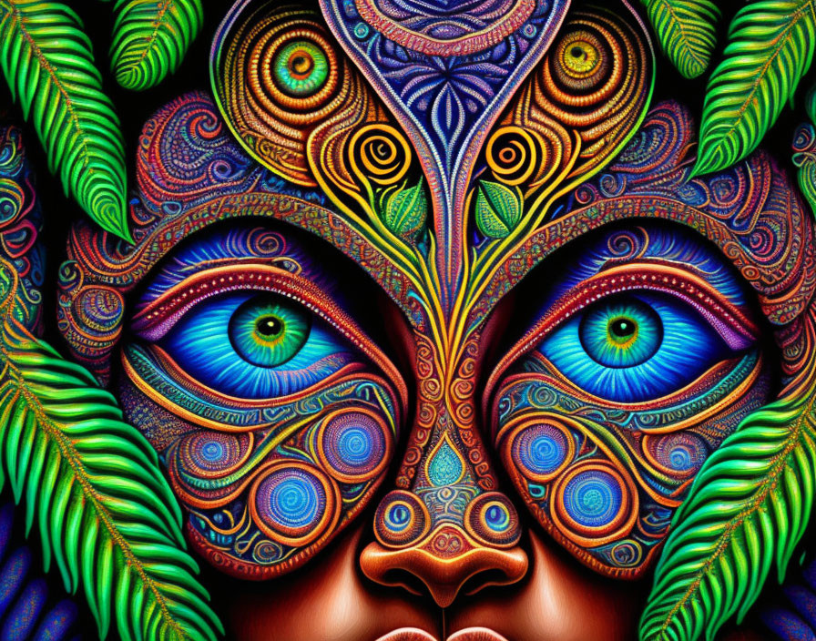 Colorful Psychedelic Artwork with Striking Blue Eyes and Leaf Motifs