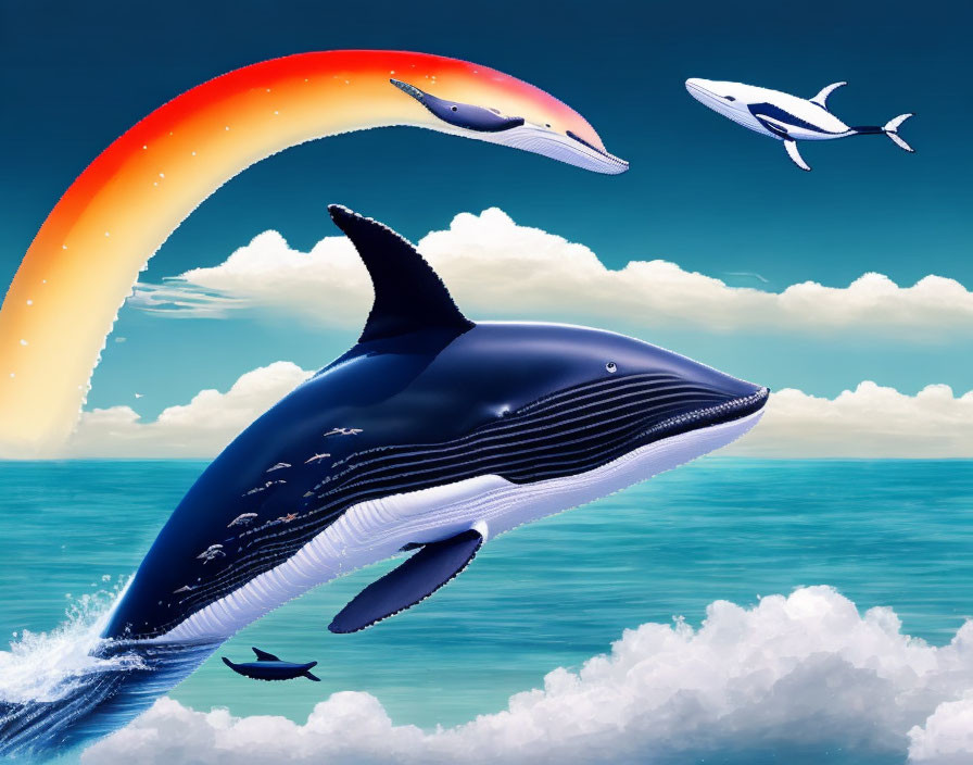 Stylized digital artwork: Three whales leaping with rainbow trail
