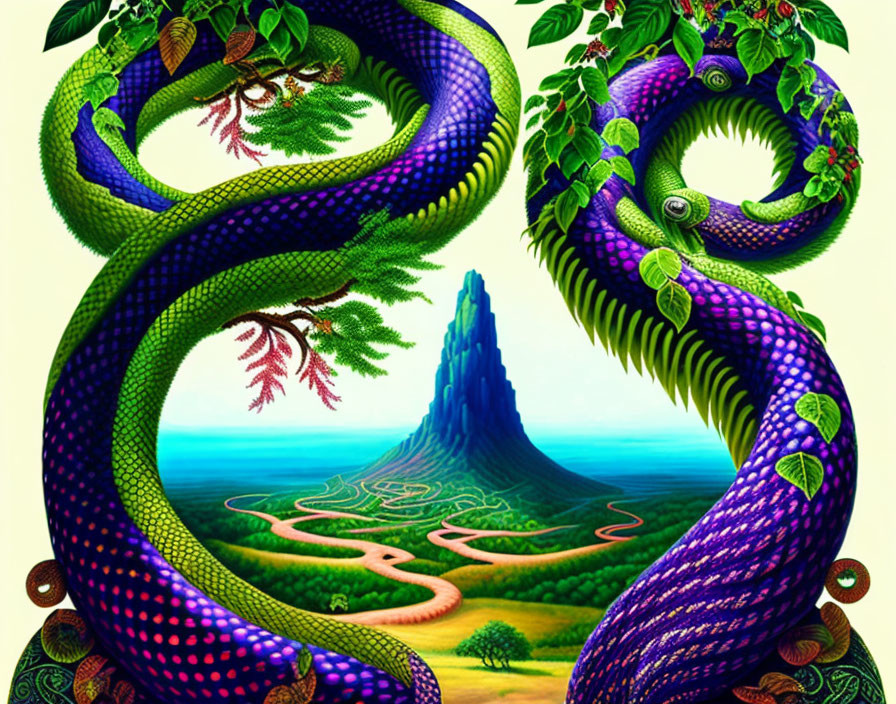 Colorful intertwined snakes in fantasy landscape with mountain and maze path