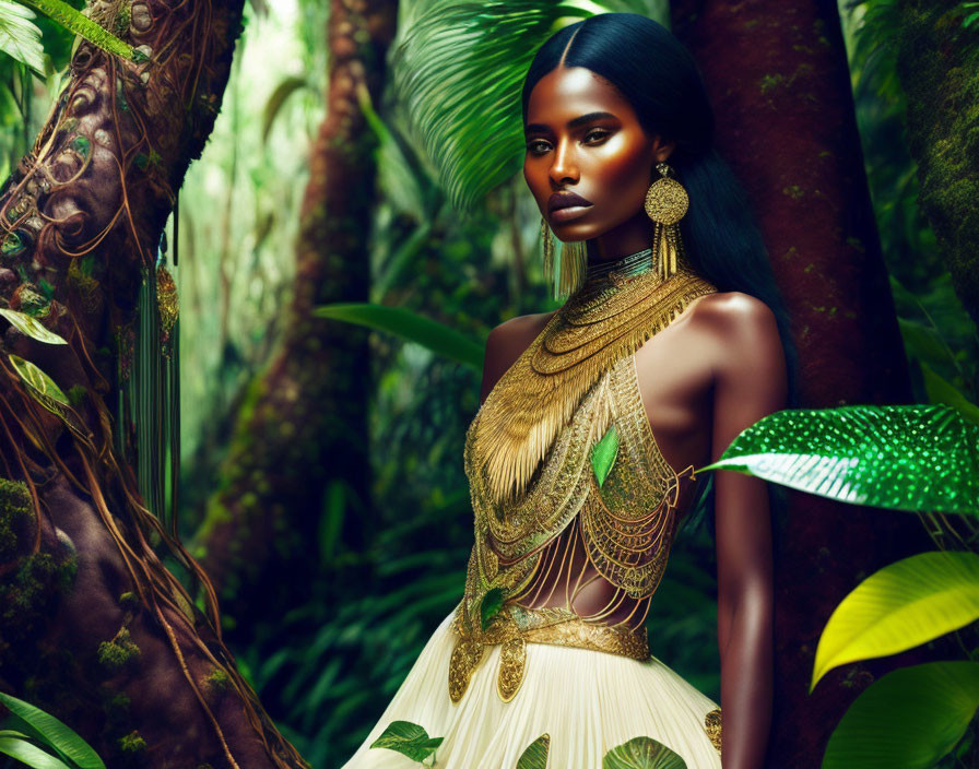 Ornately adorned woman in lush forest with intense gaze