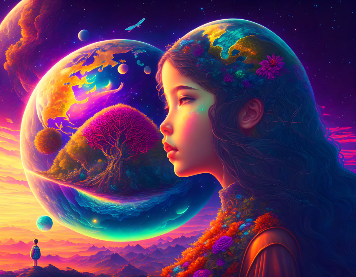 Surrealist artwork: Girl's profile with lush hair in cosmic landscape