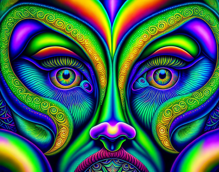 Symmetrical face with neon colors and intricate patterns