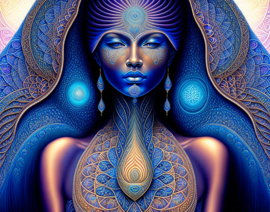 Colorful digital artwork featuring a blue-toned female figure in a meditative pose with intricate patterns and