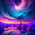 Surreal digital artwork: vibrant landscape with purple skies, neon waves, mountains, and lotus