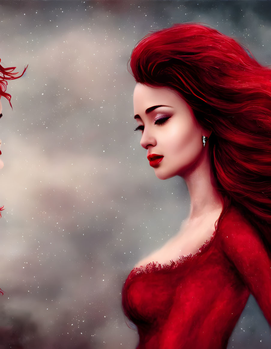 Digital painting of woman with red hair and dress against starry background