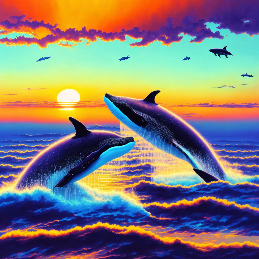 Dolphins leaping at sunset with colorful sky & birds.