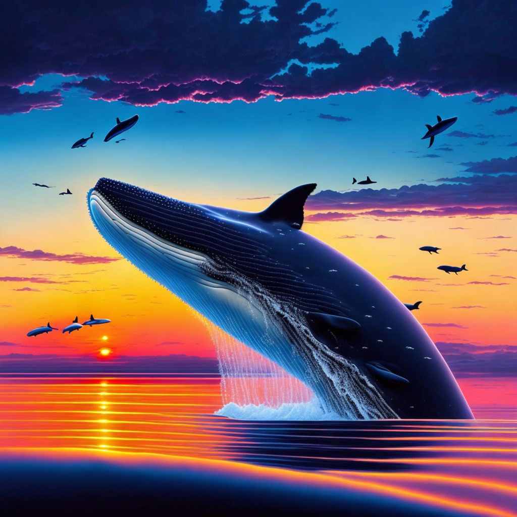 Humpback Whale Breaching at Sunset with Colorful Sky Reflection
