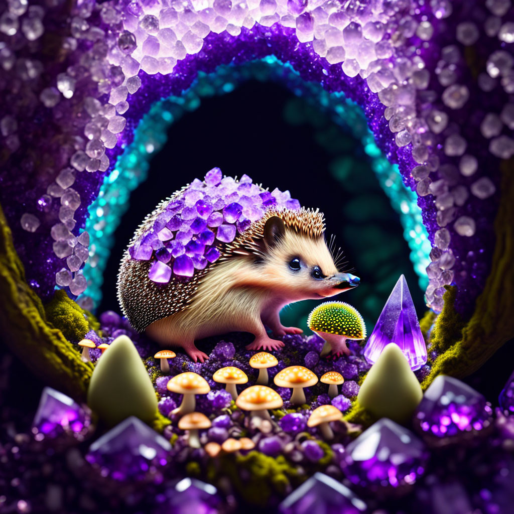 Hedgehog in glowing mushroom and crystal-filled amethyst geode