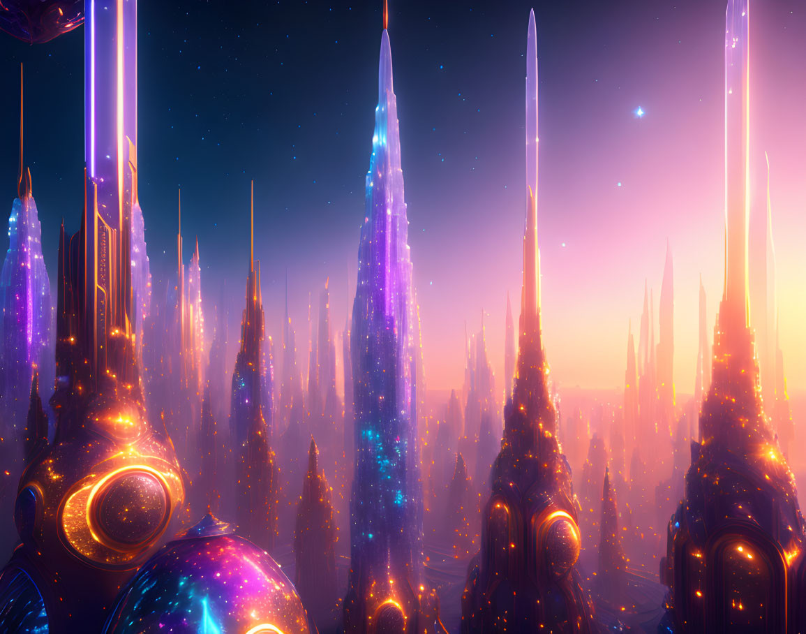 Futuristic sci-fi cityscape with neon-lit spires & starlit sky