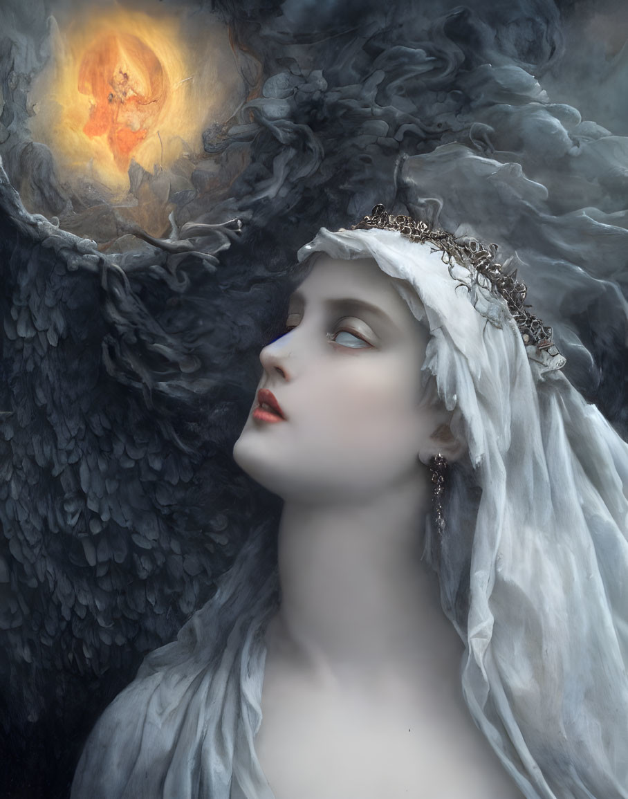 Pale woman with dark wings and crown gazes at glowing orb in smokey setting