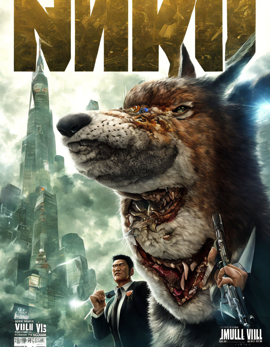 Man in suit and giant wolf on movie poster with city skyscrapers and greenish sky