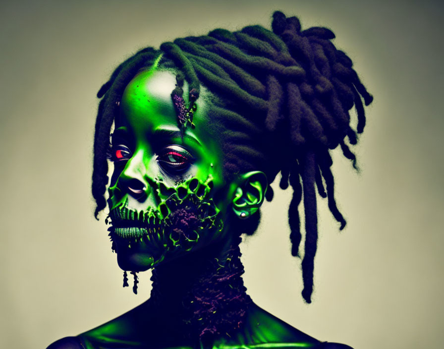 Portrait of a person with green skeletal makeup and dreadlocks against neutral background