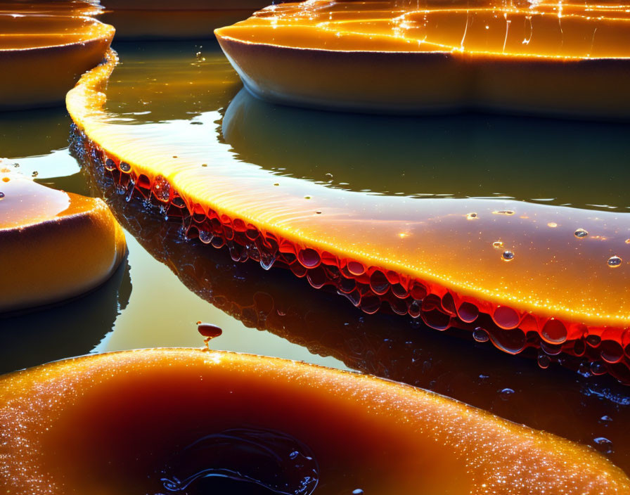 Orange liquid-filled cells with bubbles on dark background - Close-up biological or chemical process