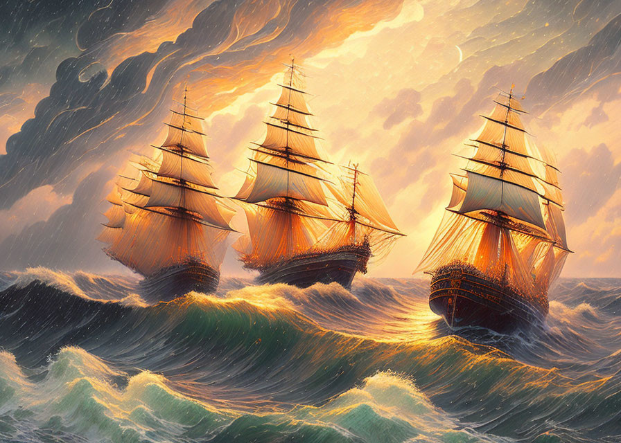 Majestic tall ships sailing under golden sunset sky