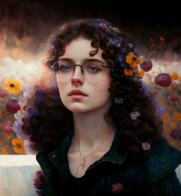 Girl in glasses, flowers 