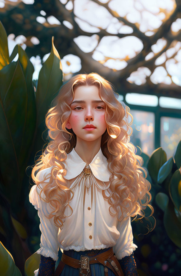 Digital artwork: Young woman with curly blonde hair in vintage blouse against lush green backdrop