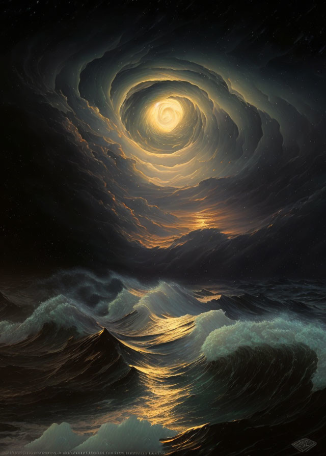 Dramatic seascape with towering waves and swirling sky under galaxy-like light
