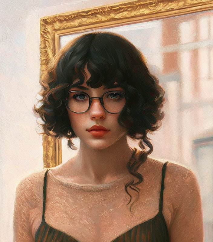 Portrait of Woman with Curly Black Hair and Glasses in Peach Top