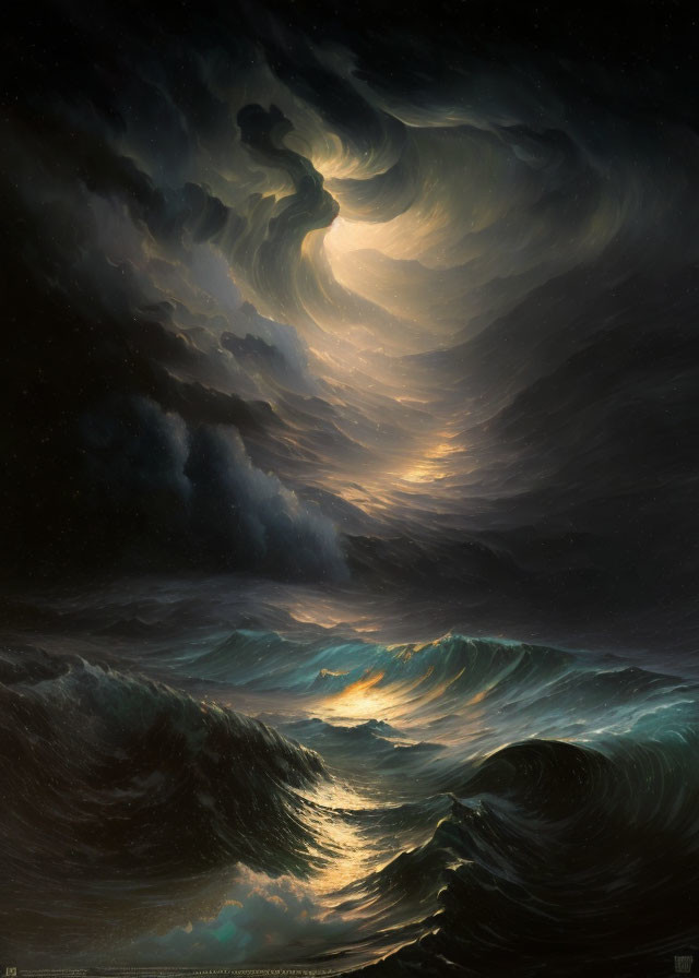 Dramatic painting of tumultuous ocean waves under dark clouded sky