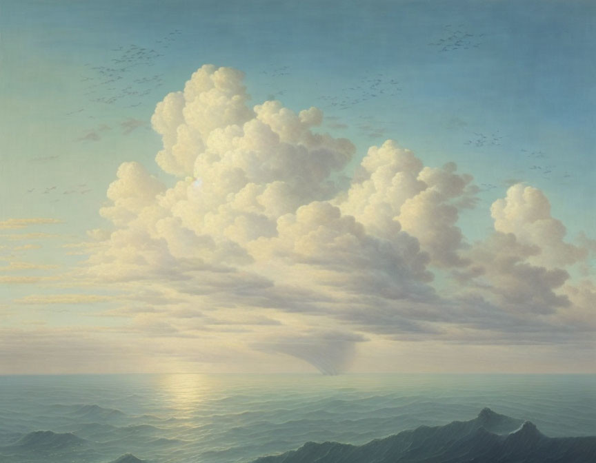 Tranquil seascape with cumulus clouds, ocean waves, birds, and waterspout