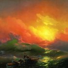 Dramatic digital painting of fiery sky over tumultuous sea waves