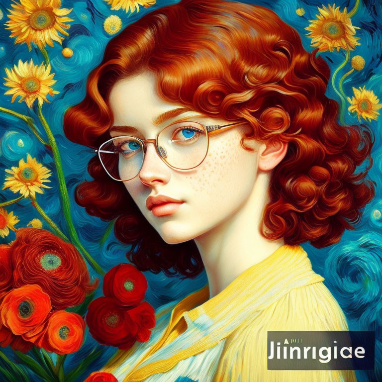 Vibrant portrait of young woman with red curly hair and blue glasses