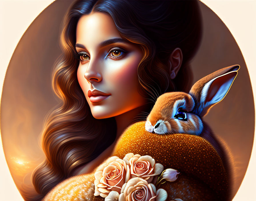 Stylized portrait of woman with flowing hair and fawn among roses on warm backdrop