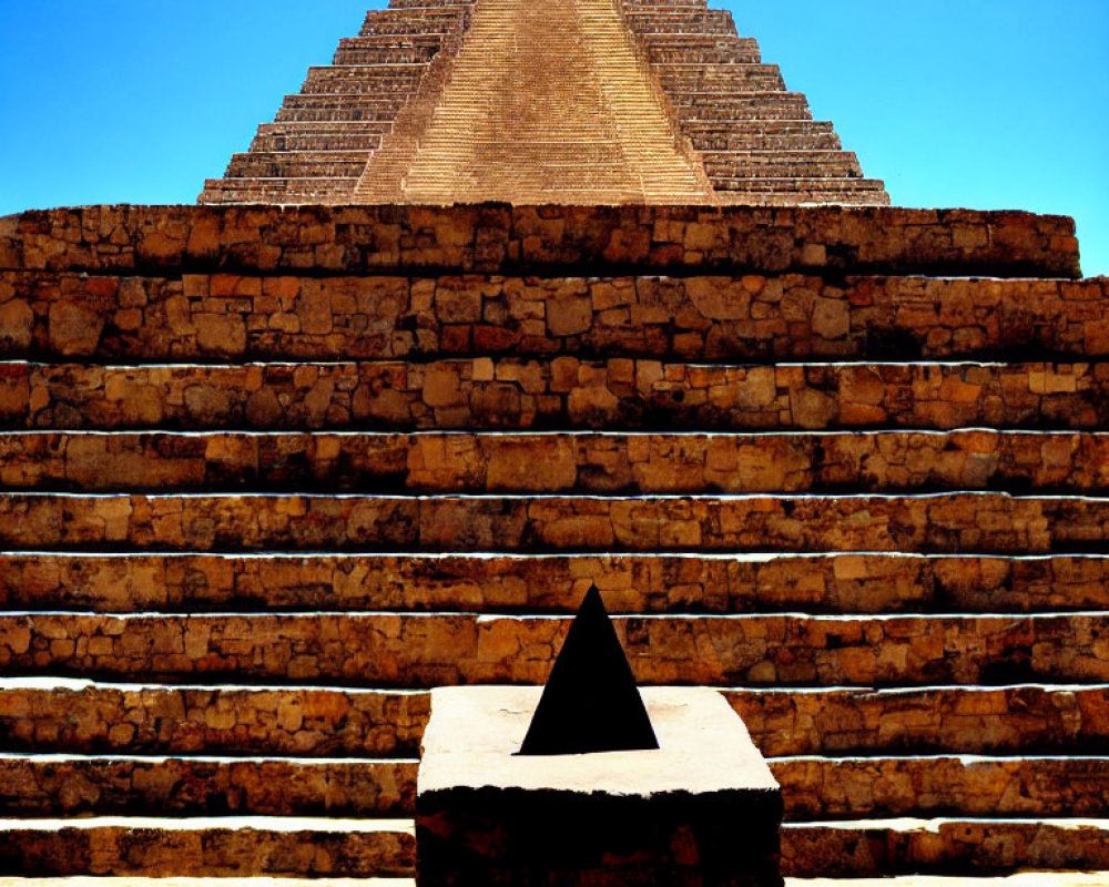 Black pyramid on stone platform aligns with Great Pyramid of Giza in clear sky