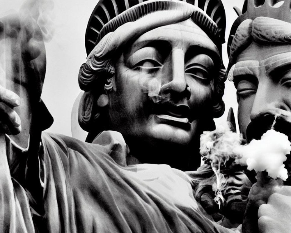 Statue of Liberty face close-up with smoke or steam foreground