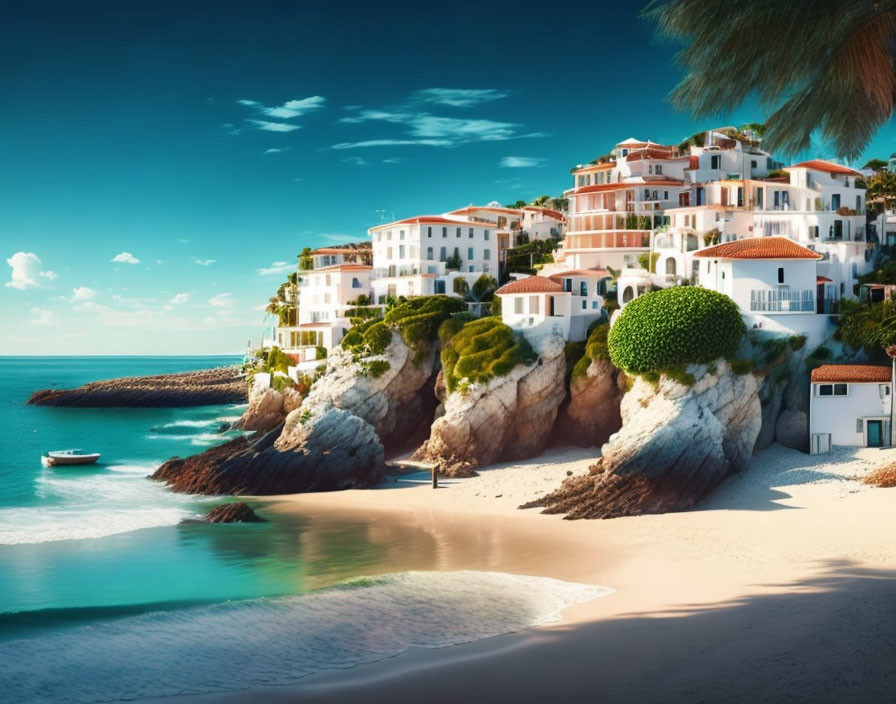 Scenic coastal village with white buildings on cliffs above serene beach