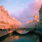 Tranquil riverscape at dawn or dusk with pink and blue sky hues, street lamps, and