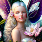 Fantasy digital art of female figure with purple angelic wings and blonde hair among pink blossoms
