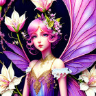 Stylized fairy with pink hair and purple wings on dark background