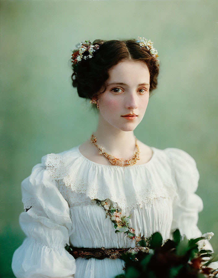 Vintage Attire Woman with Lace Dress and Floral Adornments