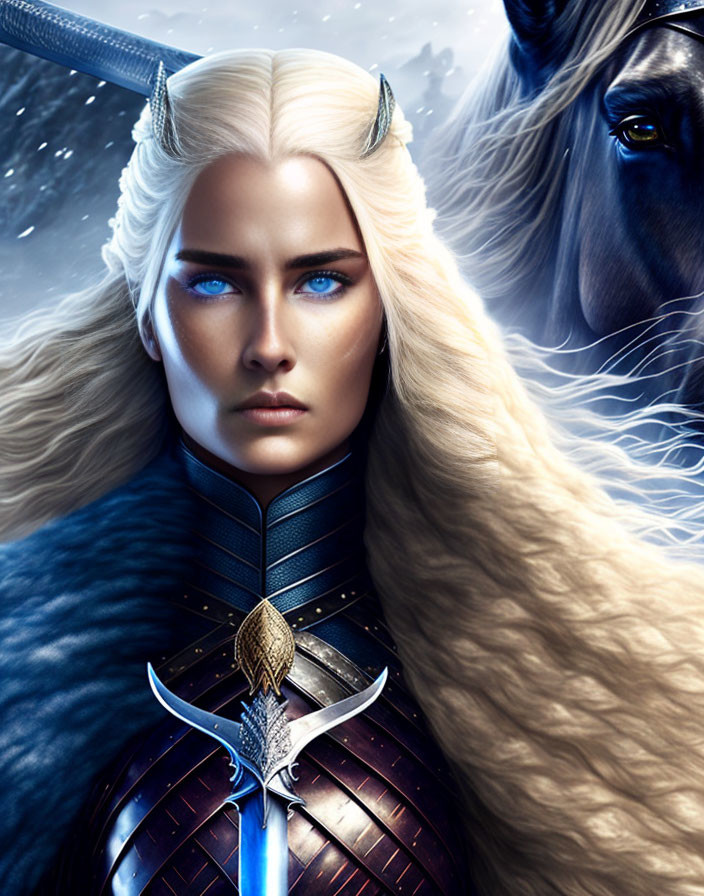 Fantasy Artwork: Warrior with Blue Eyes, White Hair, Elven Features, Armor, Black